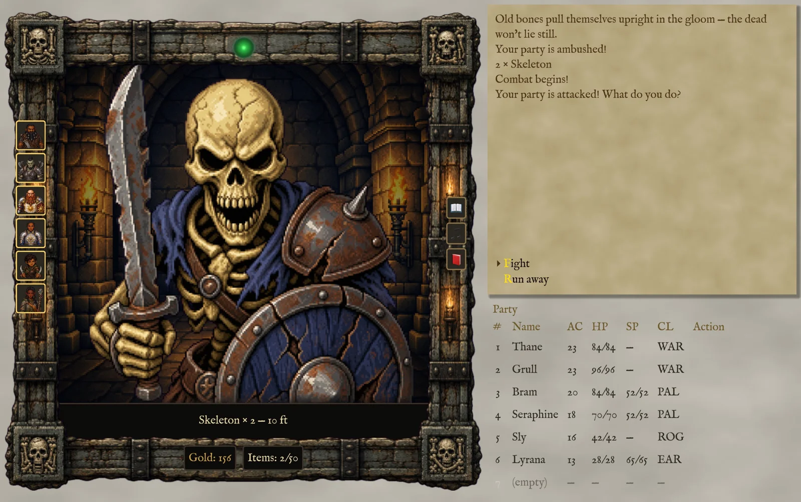 Combat: skeletons ambush the party in a torch-lit stone dungeon