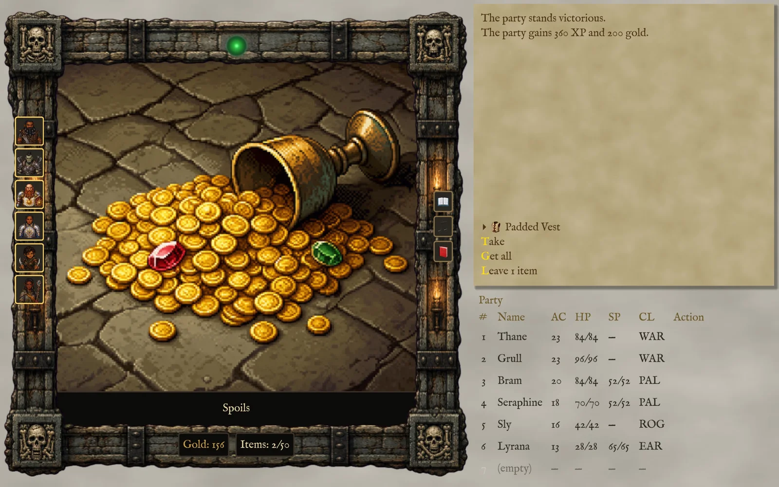 Victory screen: a spilled cup of gold and gems, spoils of combat